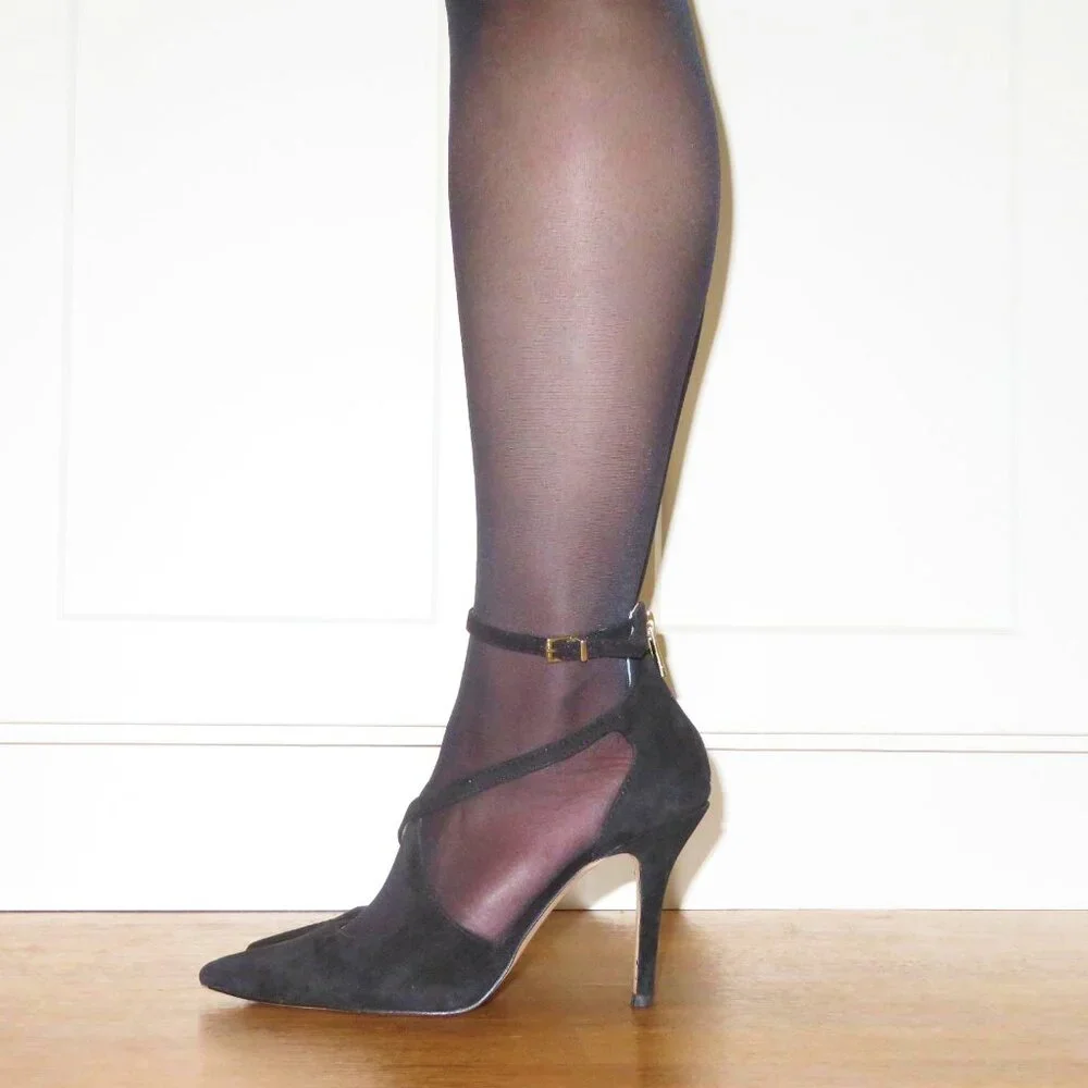 USED Women's Jessica Simpson Wynnley Black Lux Suede Strappy Stiletto Heels 8.5M - Picture 7 of 16